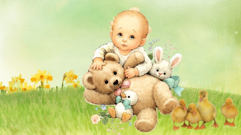 Baby with Teddy Bear — Green