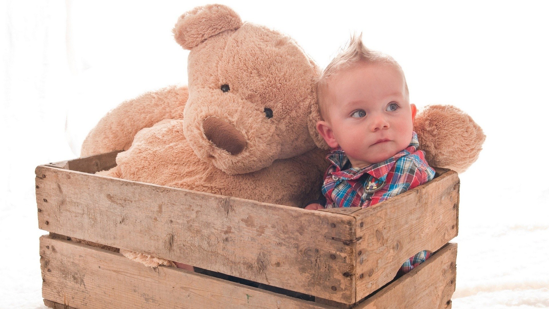 Baby with teddy bear in crate