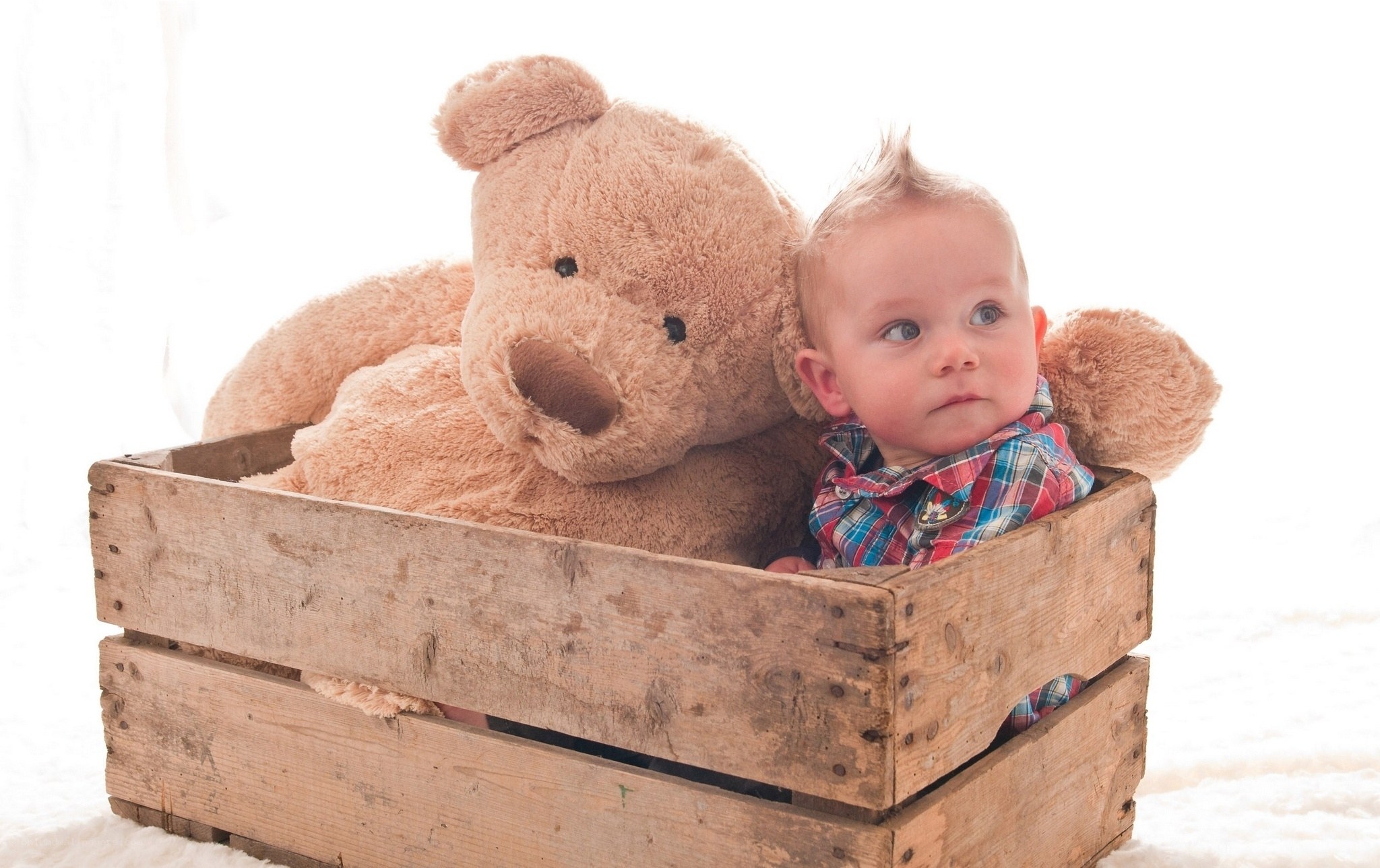 Baby with teddy bear in crate