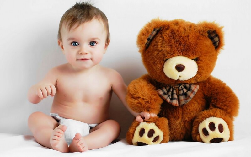 Baby with Teddy Bear — White, Calm