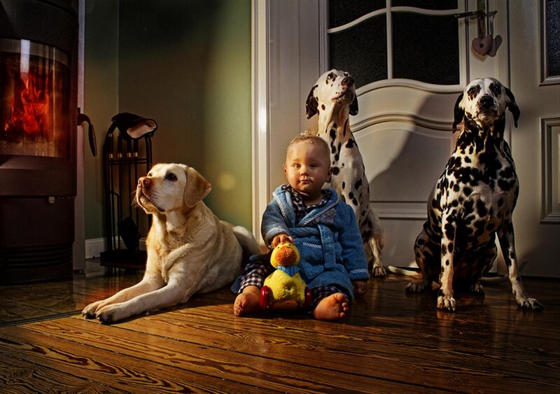 Baby with Three Dogs