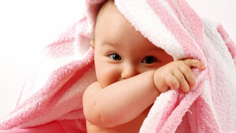 Baby Wrapped in Towel — Pink, Calm, Photograph, Arm
