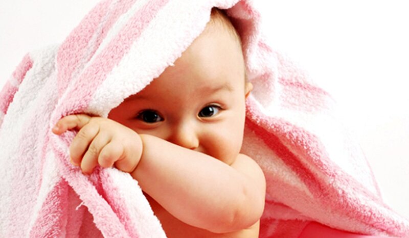 Baby Wrapped in Towel — Pink, Calm, Photograph, Hand