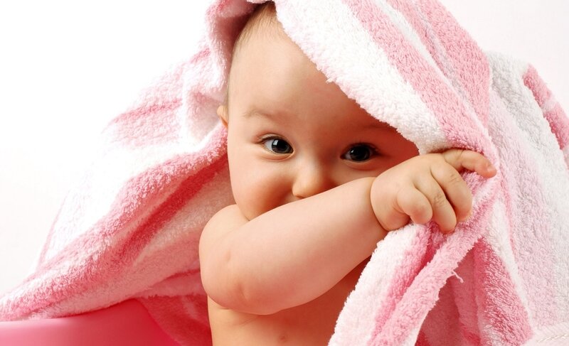 Baby Wrapped in Towel — Pink, Calm, Photograph