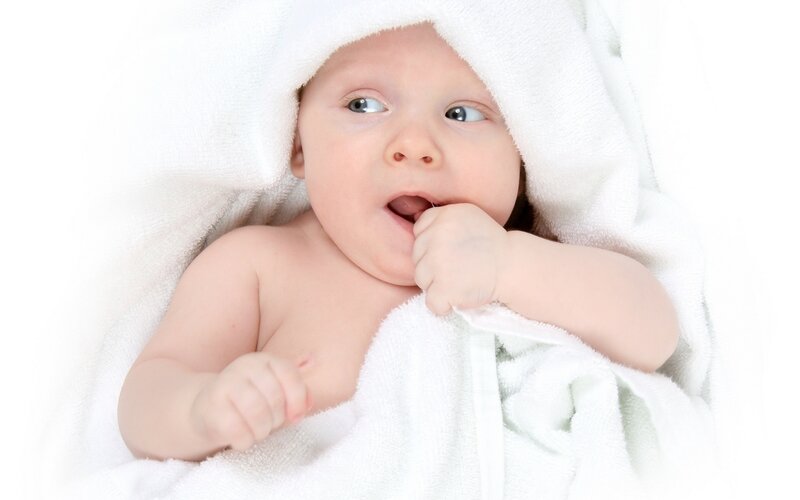 Baby Wrapped in Towel — White, Calm, Photograph, Hand