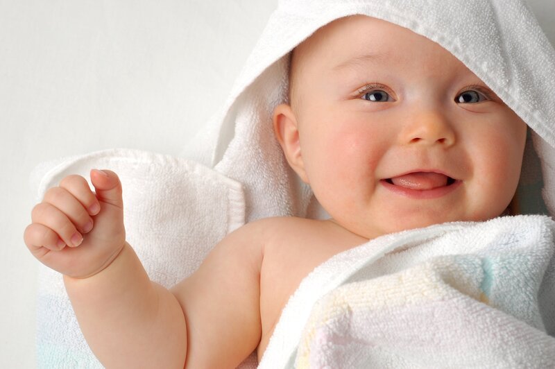 Baby Wrapped in Towel — White, Happy