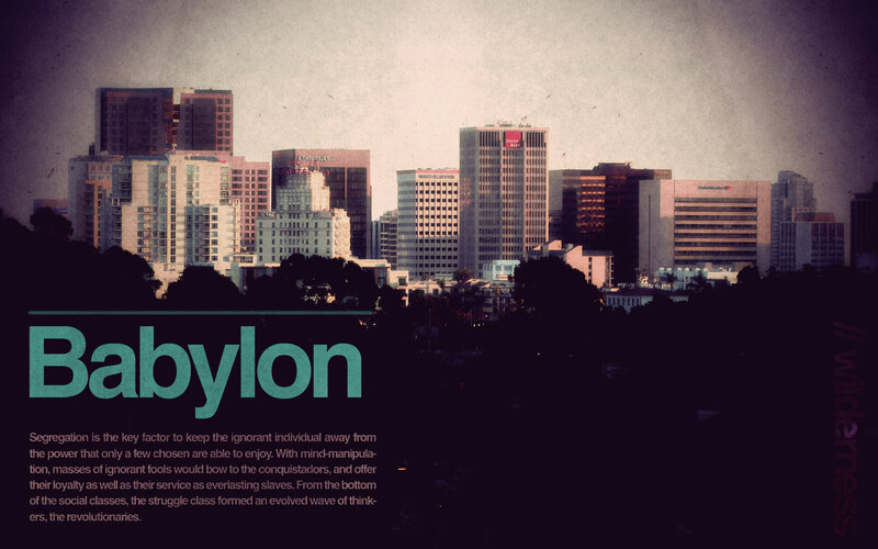 Babylon cityscape with text overlay