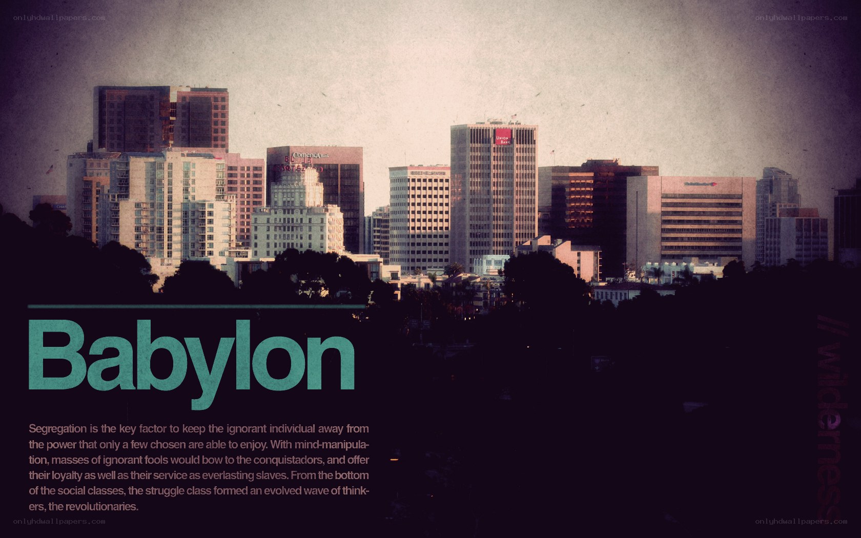 Babylon cityscape with text overlay