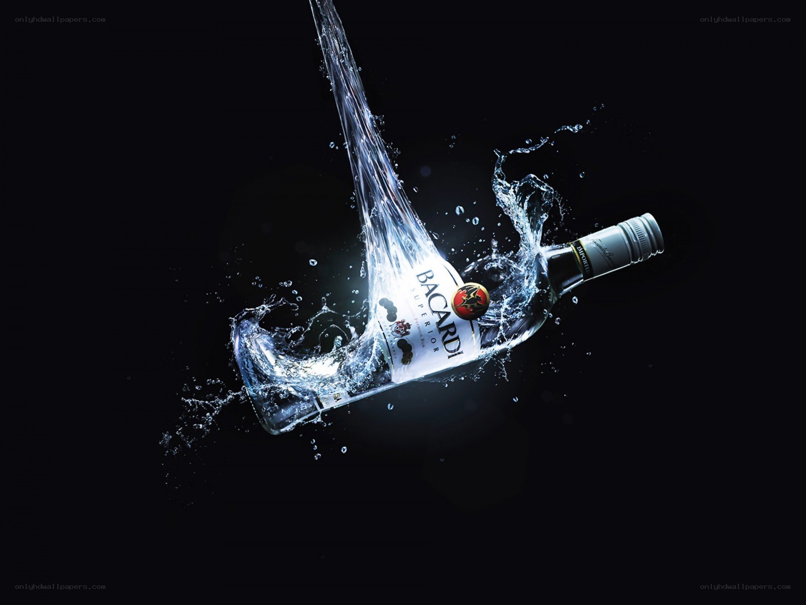 Bacardi bottle in water splash