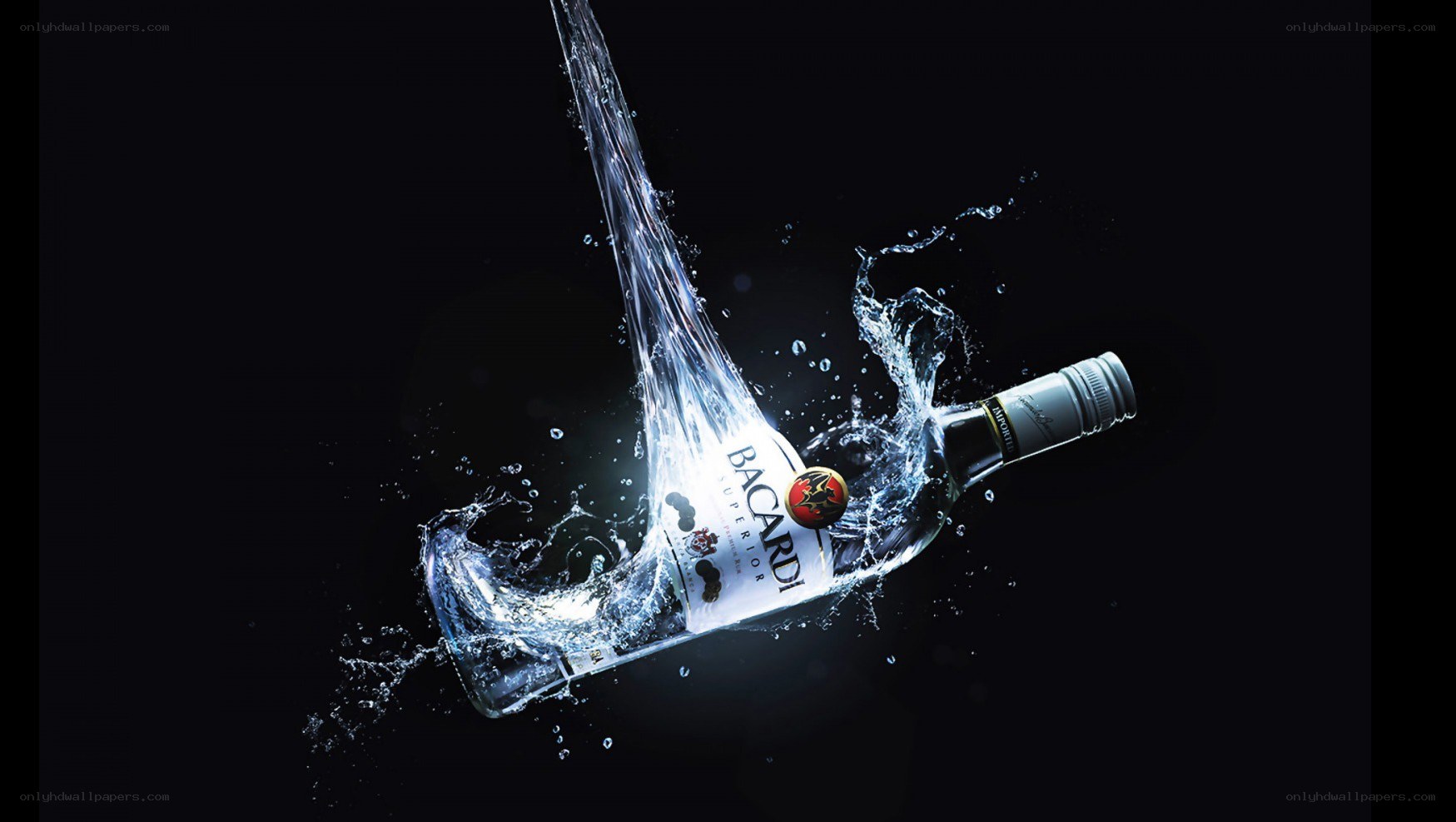 Bacardi bottle in water splash