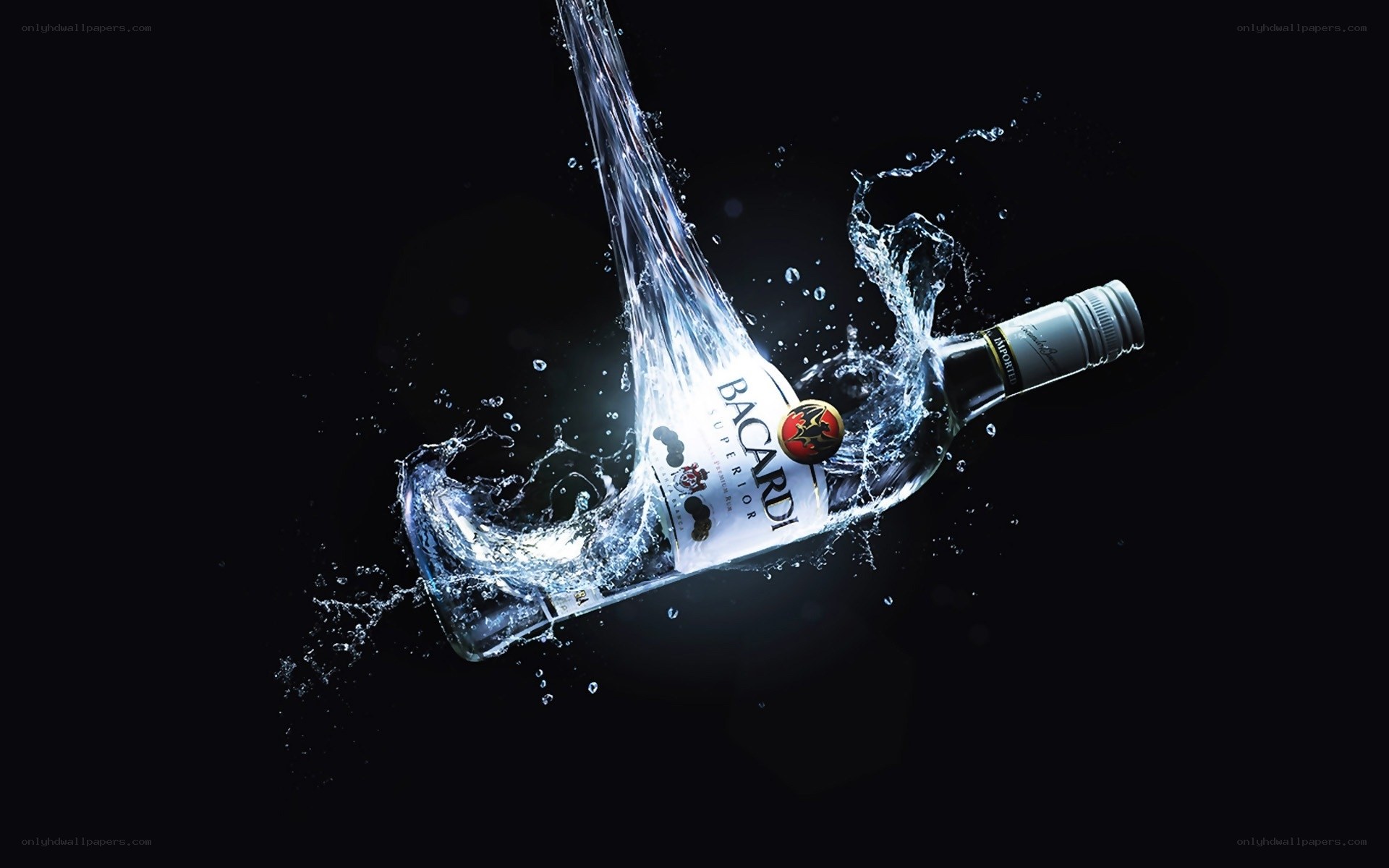 Bacardi bottle in water splash