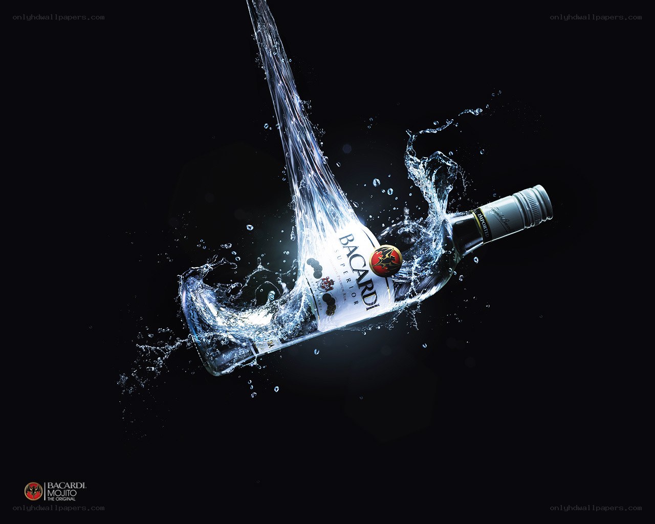 Bacardi bottle with water splash