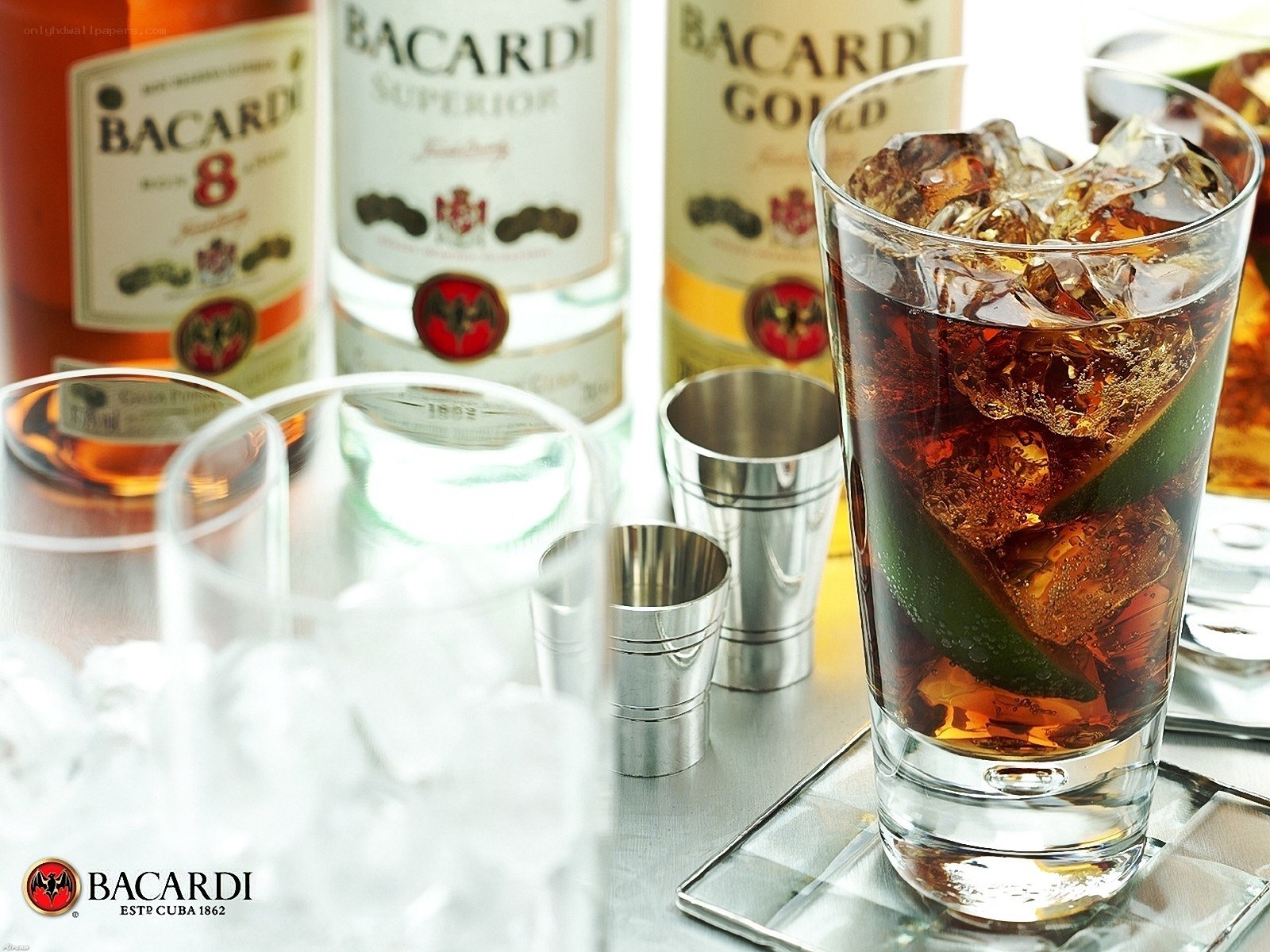 Bacardi rum bottles and cocktail