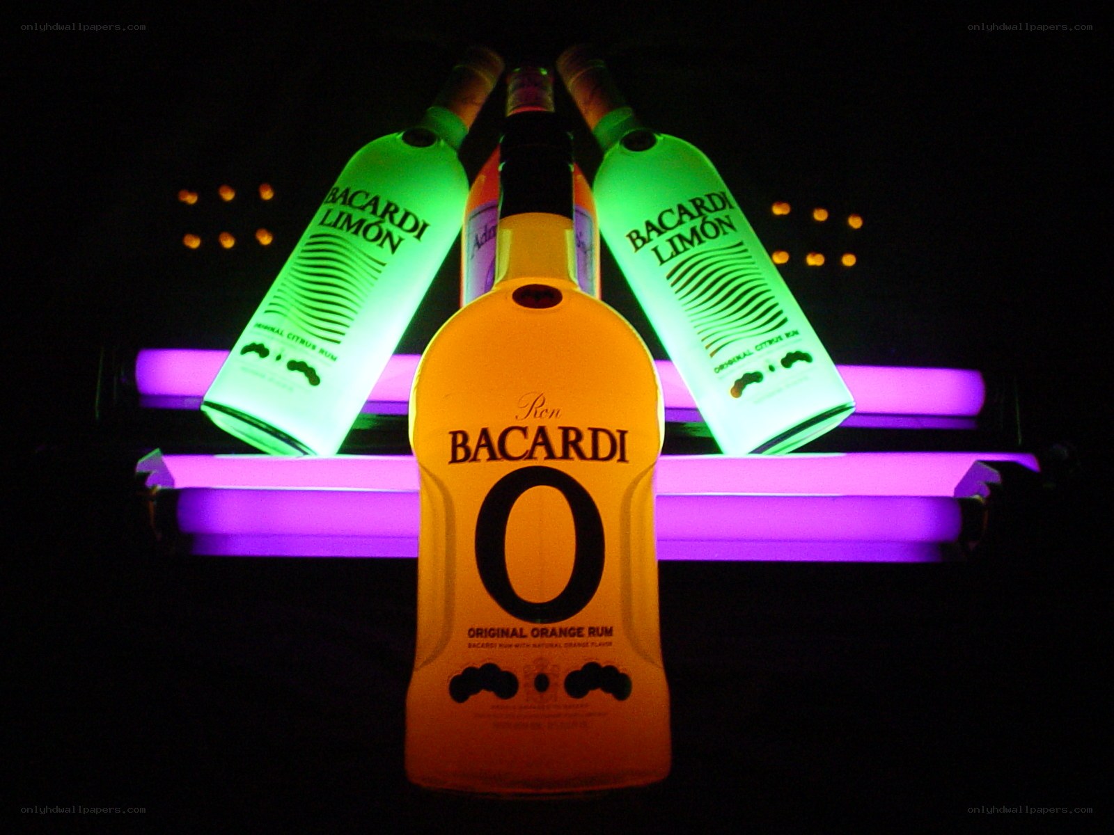 Bacardi rum bottles in neon light