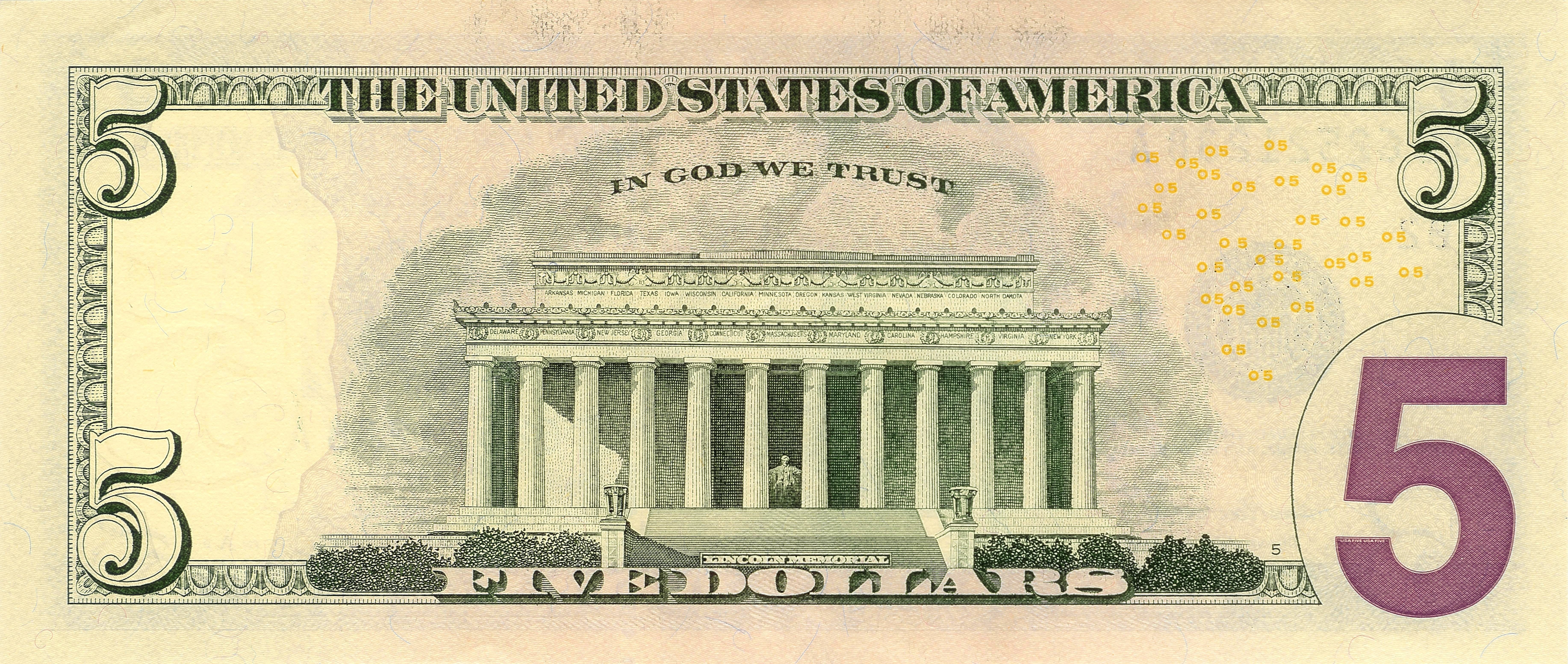 Back of a US five-dollar bill