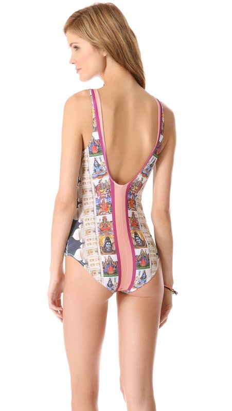 backless swimsuit with deity print