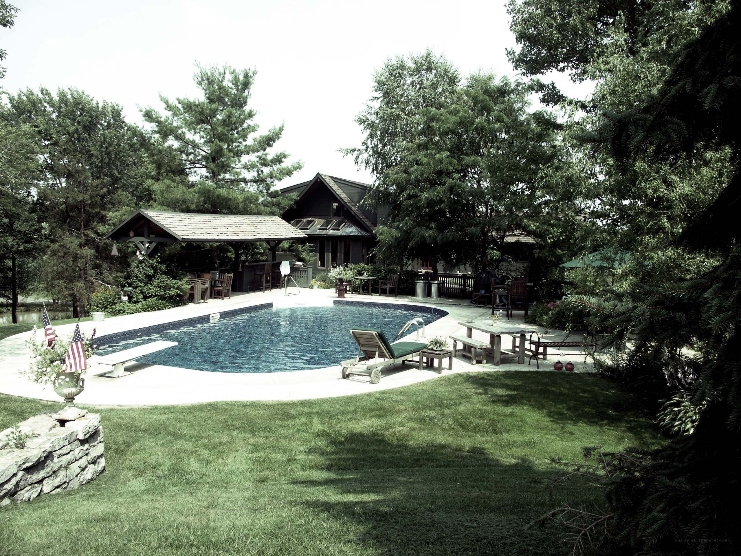 Backyard pool with house and trees