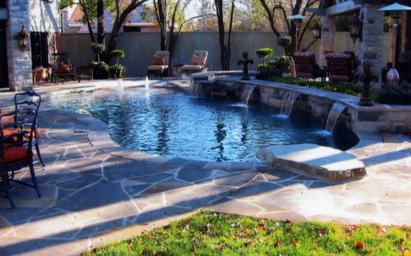 Backyard pool with waterfalls