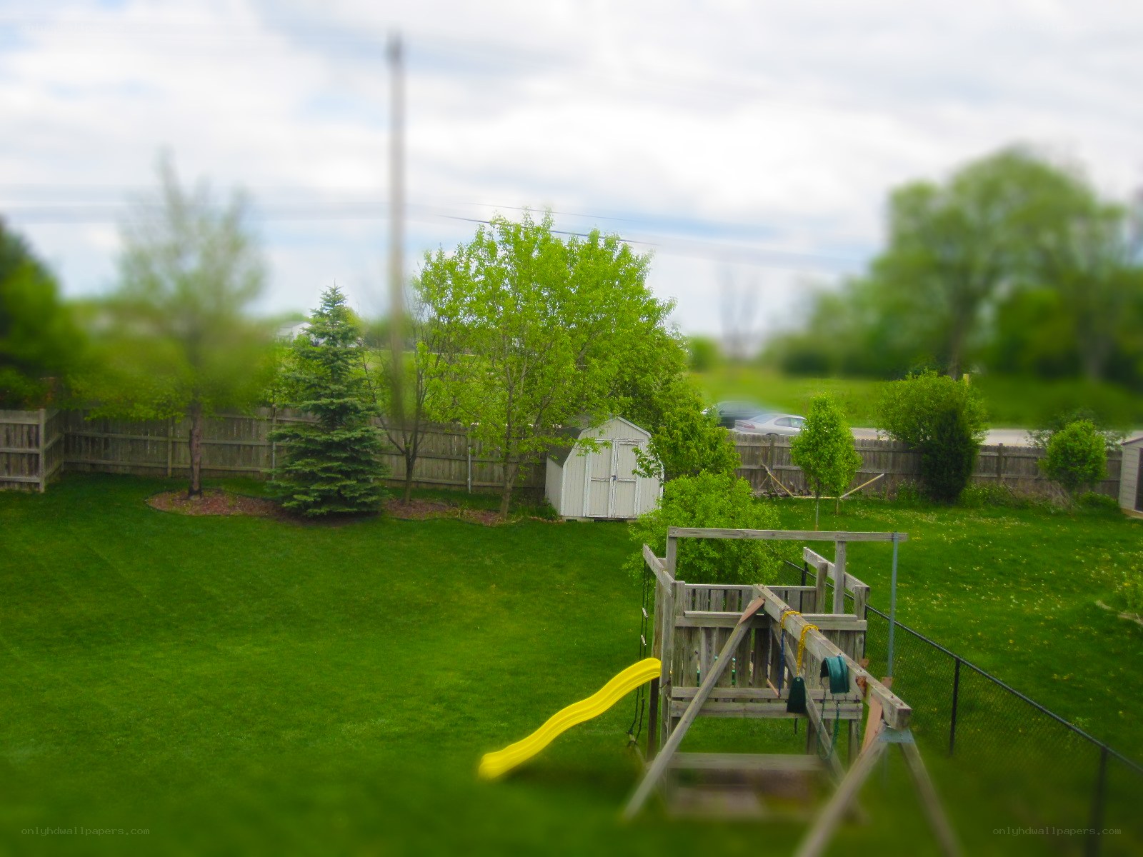 Backyard with playset and shed