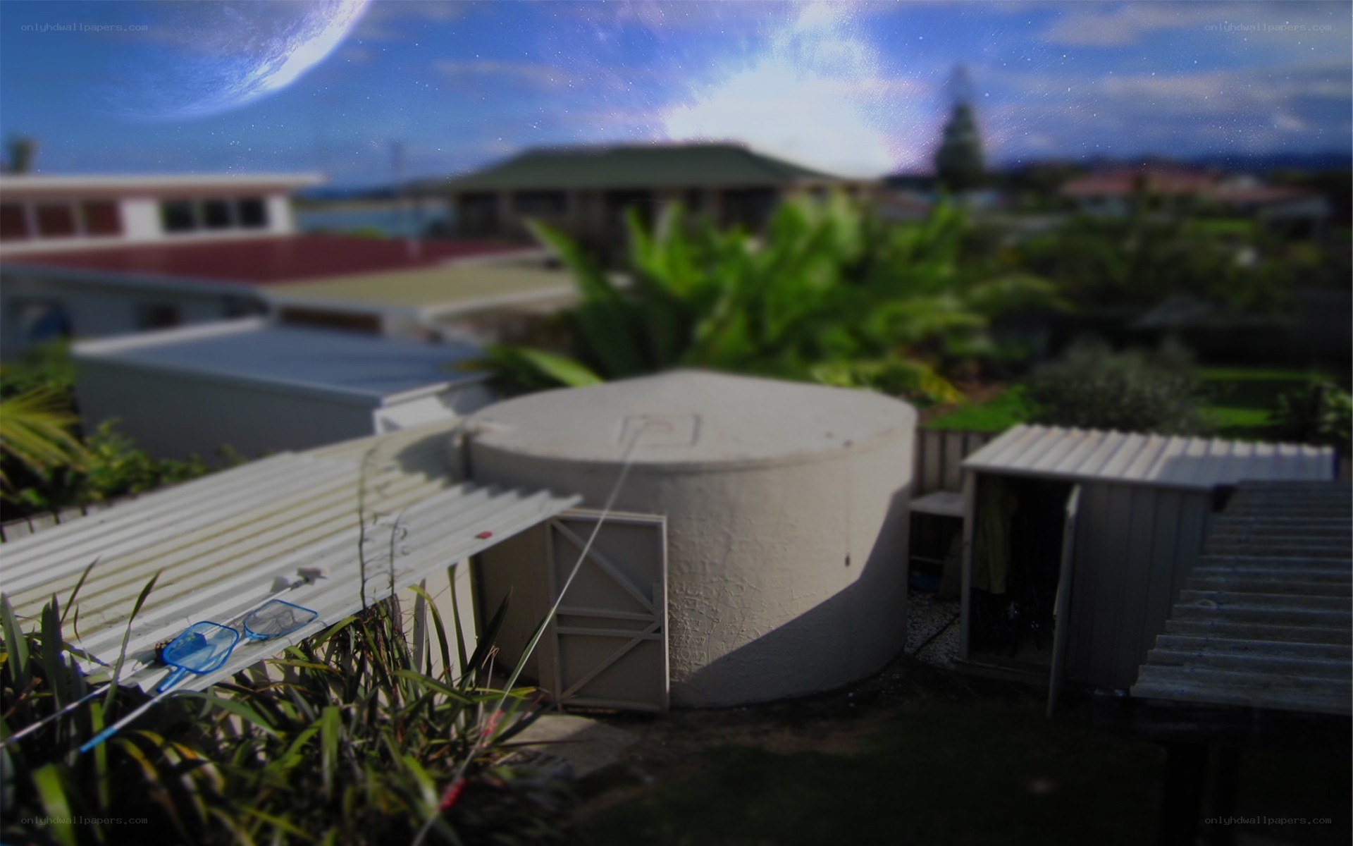 Backyard with water tank and planet