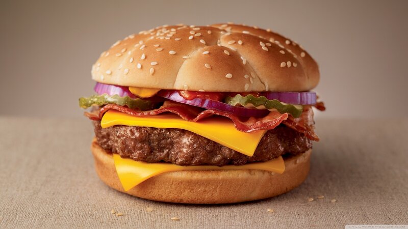 Bacon Cheeseburger — Brown, Neutral, Photograph, Onions, Pickles