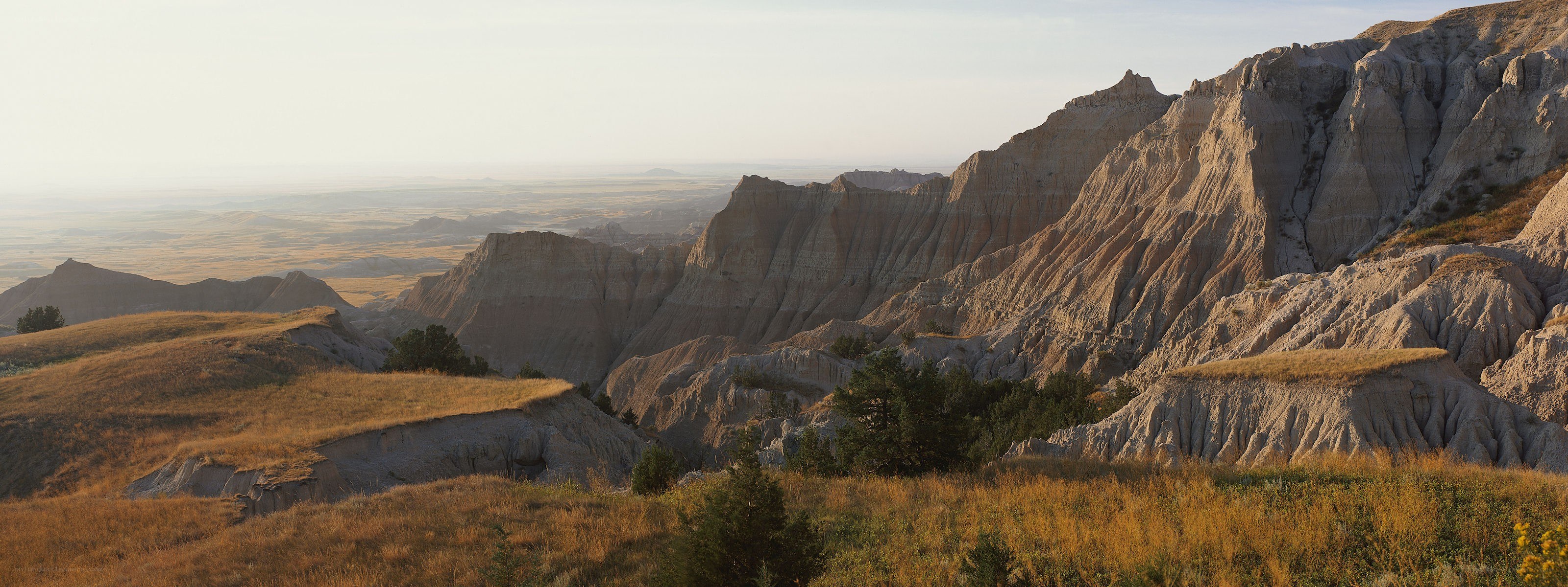 Badlands landscape at sunset