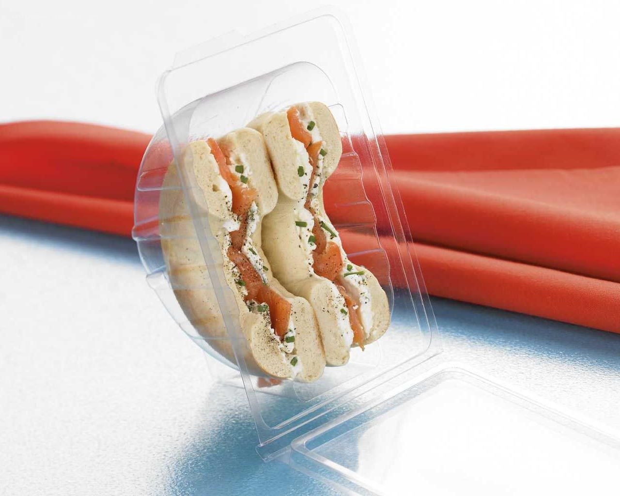 Bagel sandwich in clear packaging