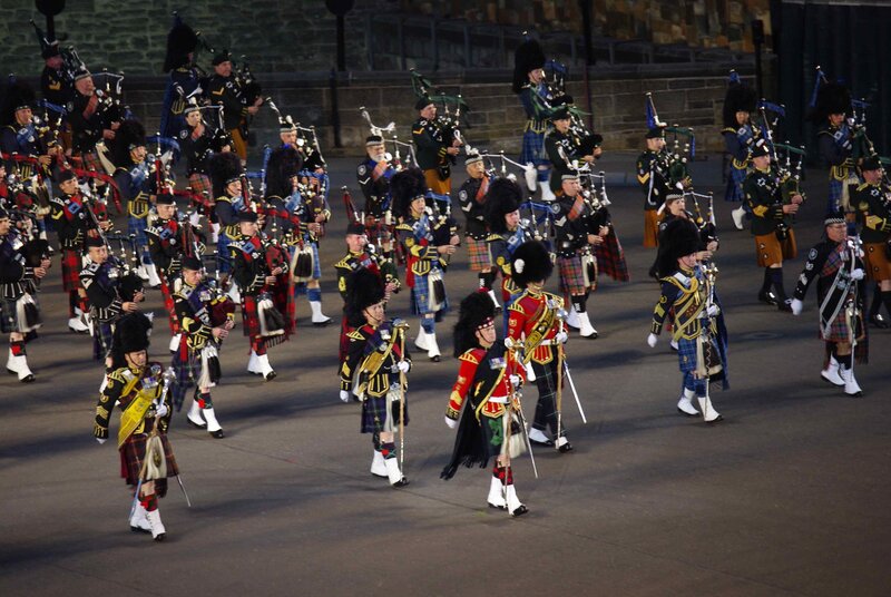 Bagpipers marching in formation