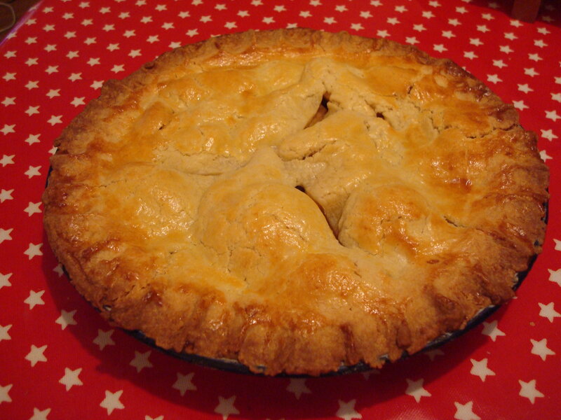 Baked apple pie on red tablecloth