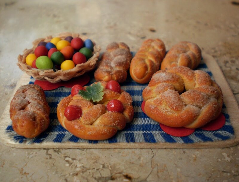 Baked goods with colorful eggs
