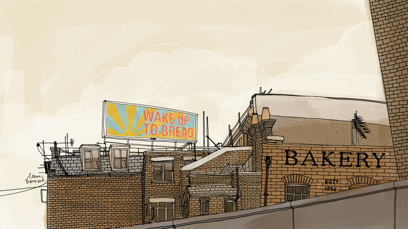 Bakery rooftop with billboard