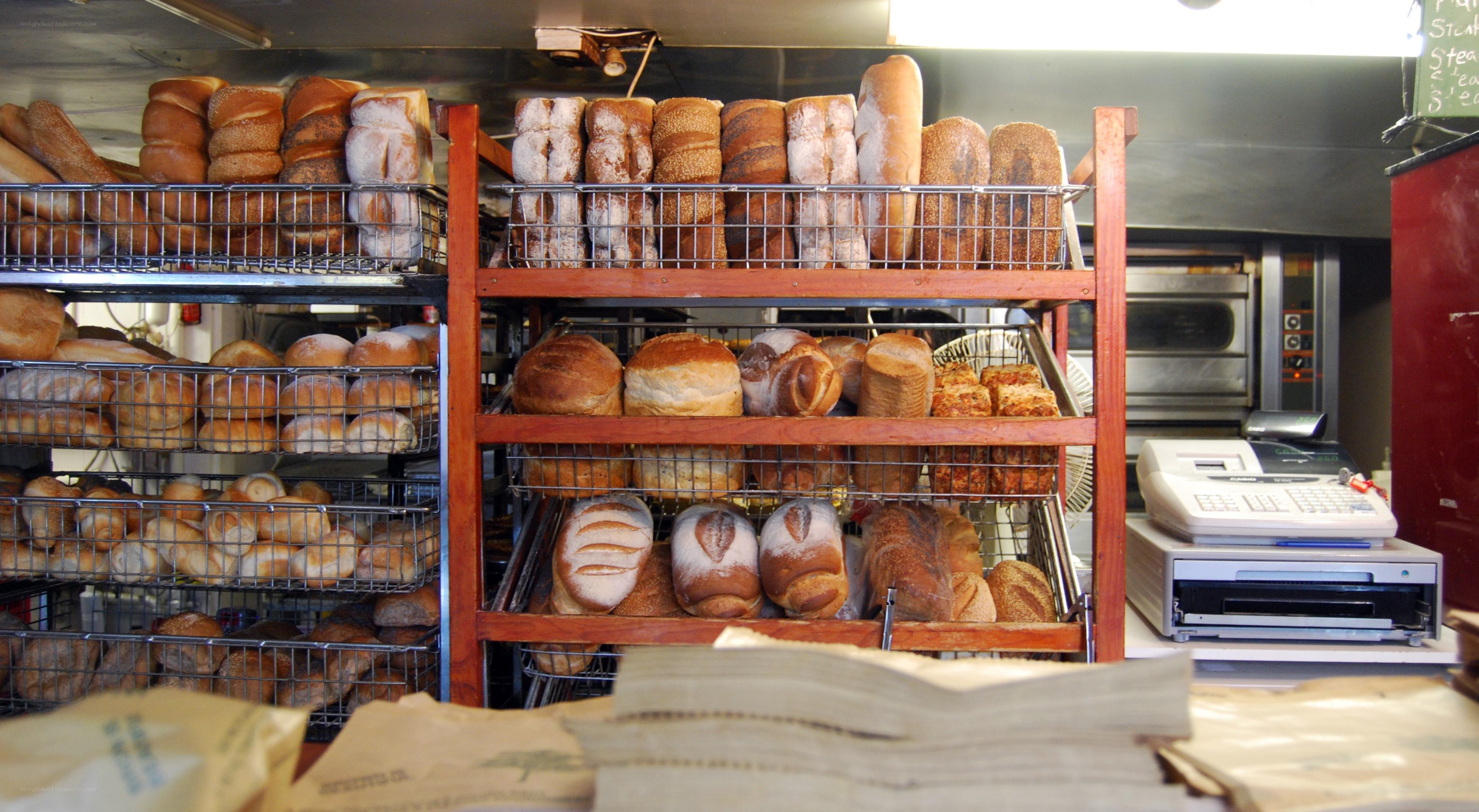 Bakery with fresh bread loaves