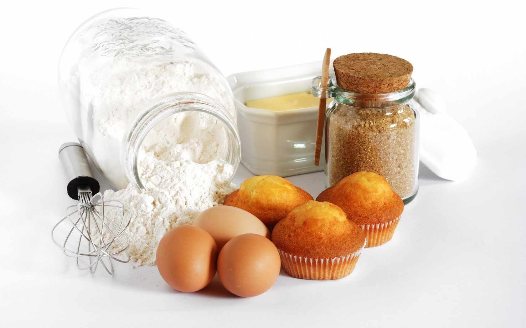 Baking ingredients and muffins