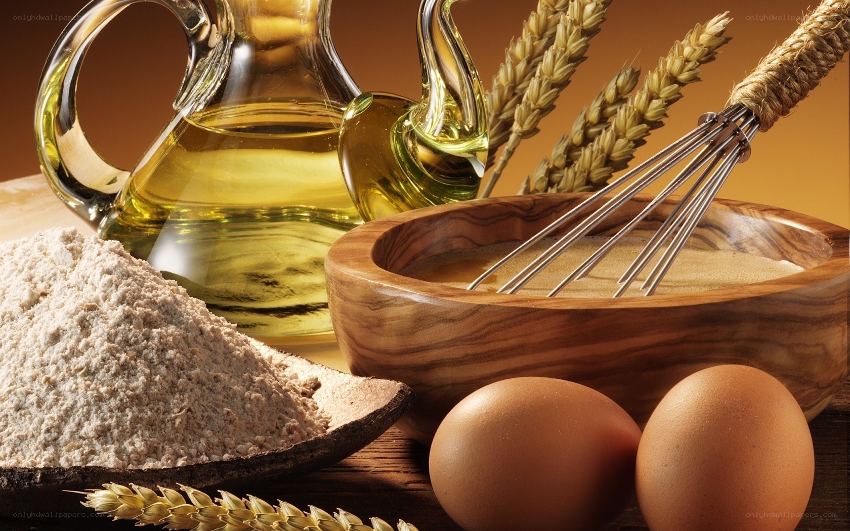 Baking ingredients on a wooden table