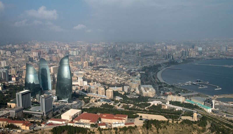 Baku city skyline with Flame Towers