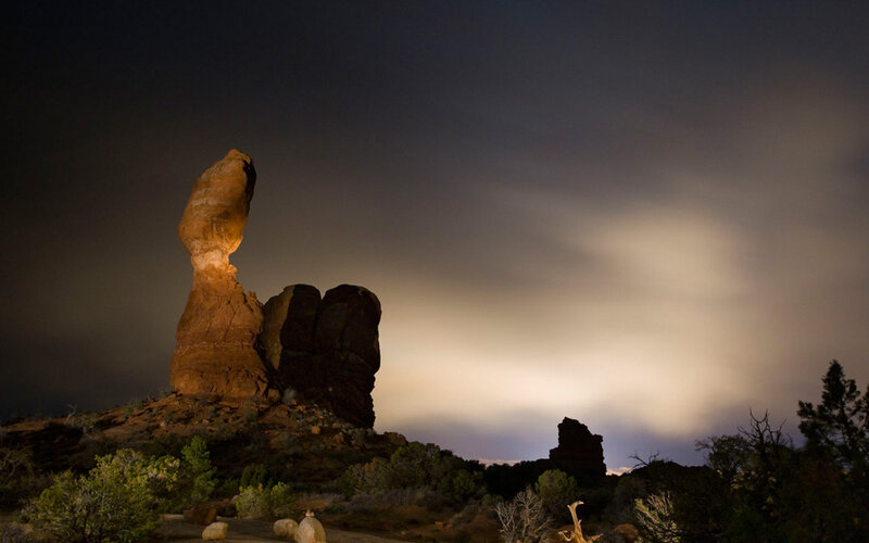 Balanced rock at night