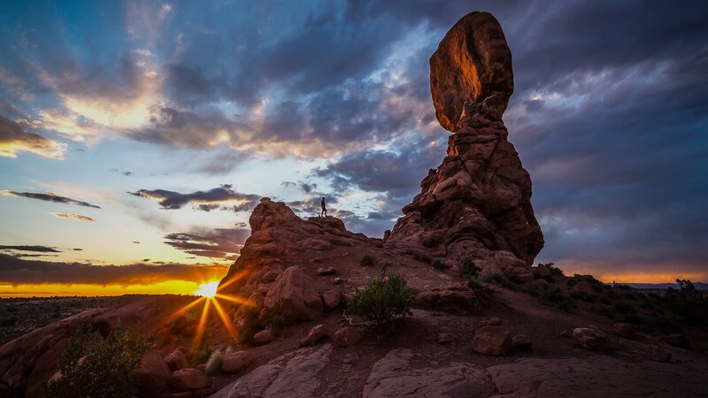 Balanced Rock Formation — Orange, Dramatic, Sunset