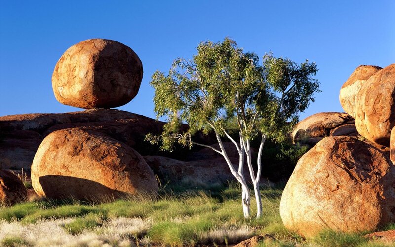 Balancing Rocks and Tree — Blue, Serene