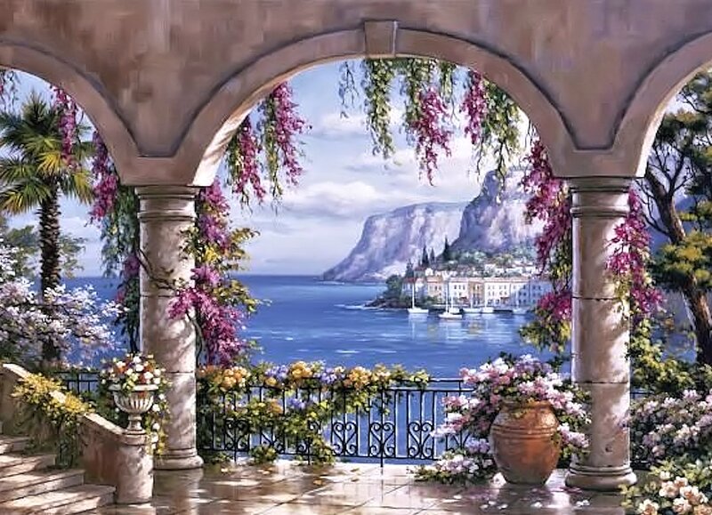 Balcony Overlooking Coastal Town — Blue, Serene, Afternoon
