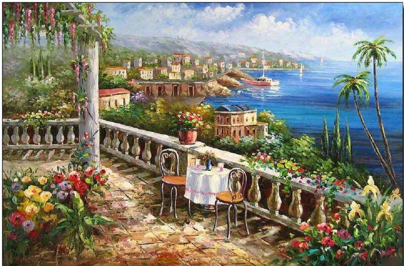 Balcony Overlooking Coastal Town — Blue, Serene