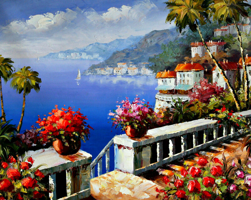 Balcony Overlooking Coastal Town — Blue
