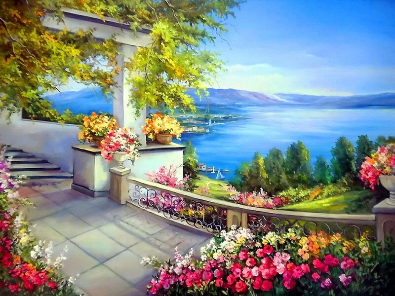 Balcony Overlooking Lake — Blue, Serene