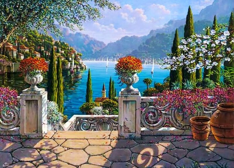 Balcony Overlooking Lake — Blue