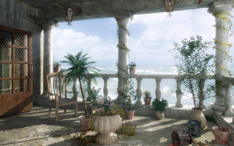 Balcony Overlooking Ocean — Gray