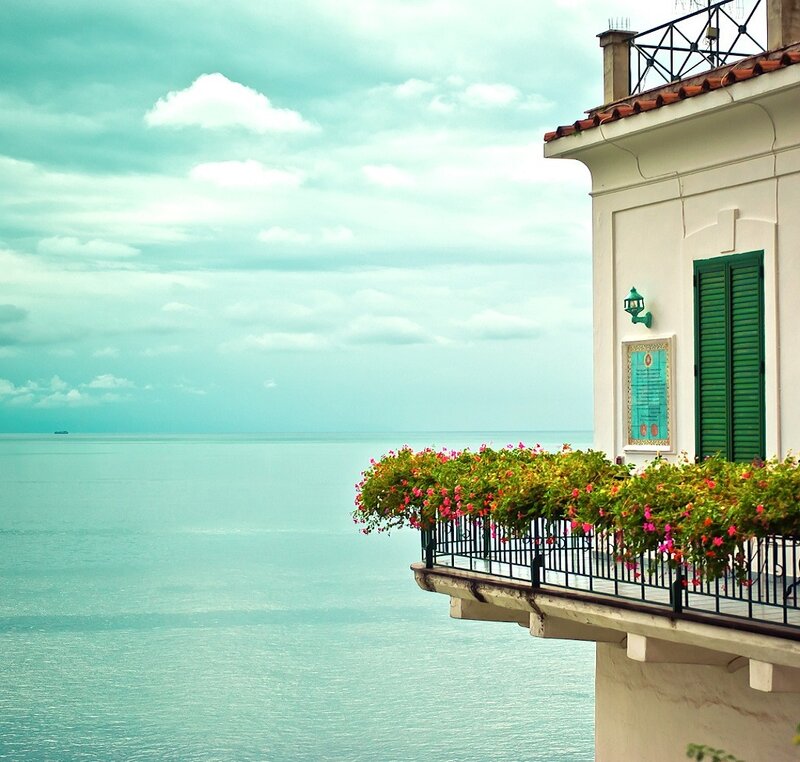 Balcony Overlooking Sea — Blue, Serene, Afternoon
