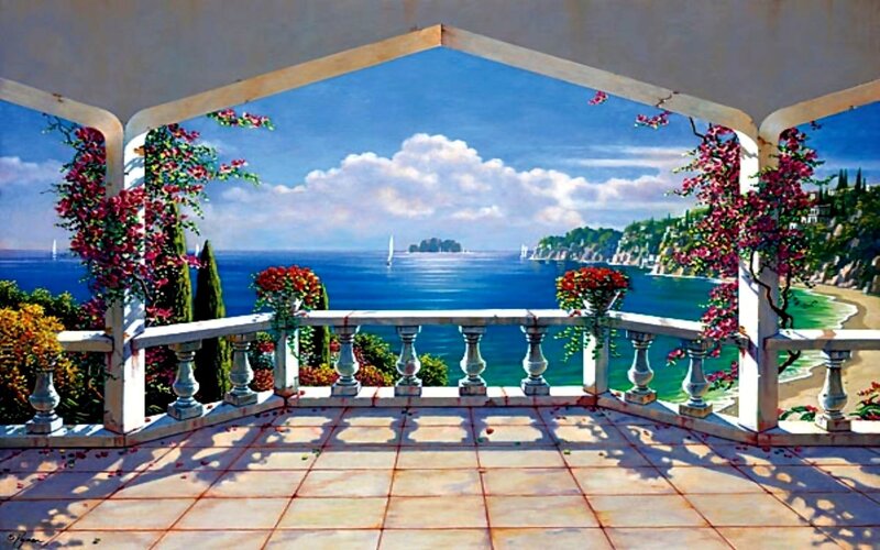 Balcony Overlooking Sea — Blue, Serene