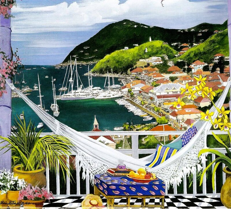 Balcony with hammock overlooking harbor