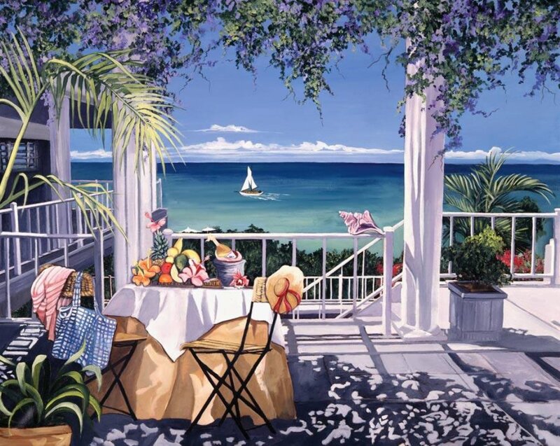 Balcony with Ocean View — Blue, Serene, Afternoon, Painting, Sailboat