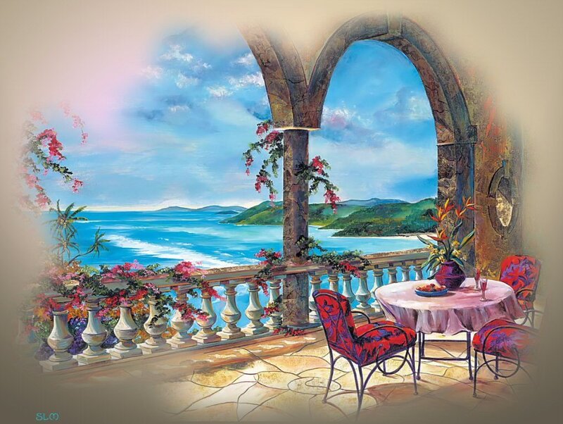 Balcony with Ocean View — Blue, Serene, Afternoon, Painting, Table, Chairs
