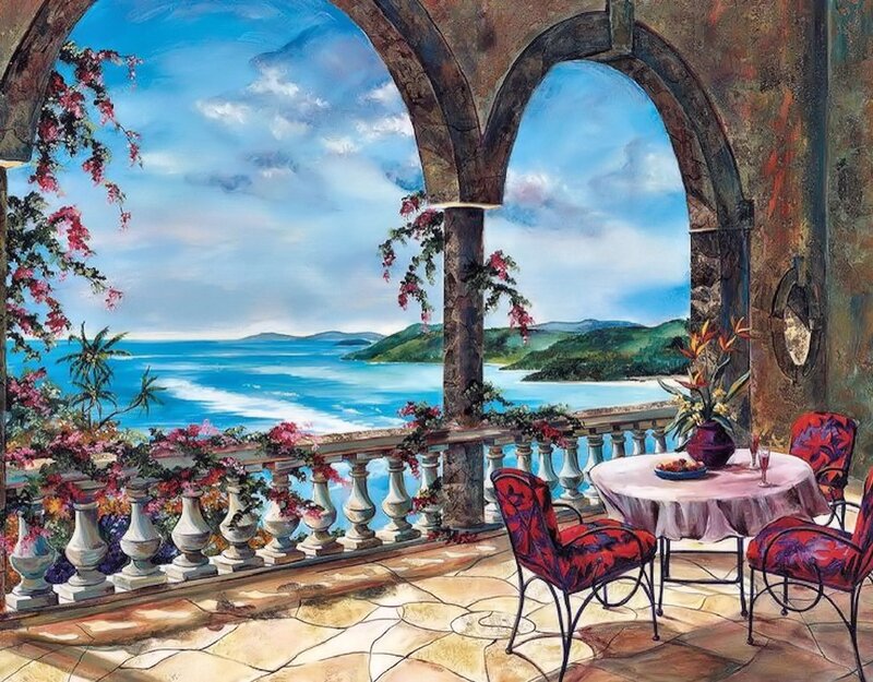Balcony with Ocean View — Blue, Serene, Afternoon, Painting, Table